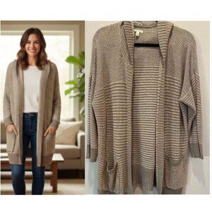 Sonoma Women Size XL 100% Cotton Striped Neutral Knit Open Cardigan with Hoodie